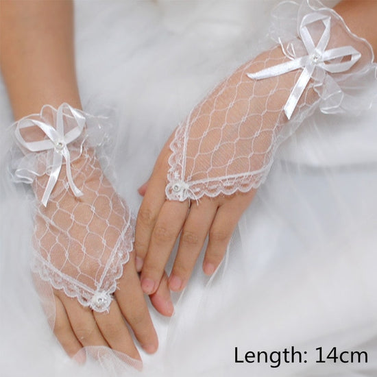 Load image into Gallery viewer, Short Lace Bow Tie Bridal Wedding Gloves - TulleLux Bridal Crowns &amp;amp;  Accessories 
