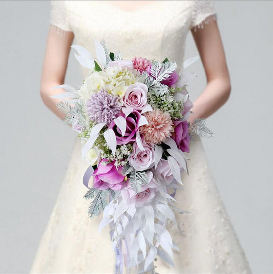 Load image into Gallery viewer, Bride&amp;#39;s Silk Wedding Bouquet Pink Purple Elegant Waterfall Style - TulleLux Bridal Crowns &amp;amp;  Accessories 
