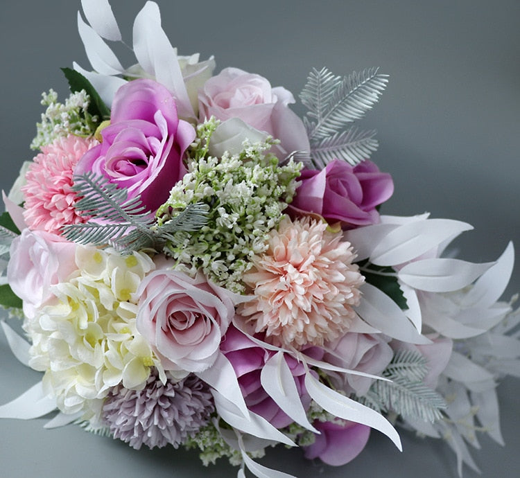Bride's Silk Wedding Bouquet Pink Purple Elegant Waterfall Style - TulleLux Bridal Crowns &  Accessories 