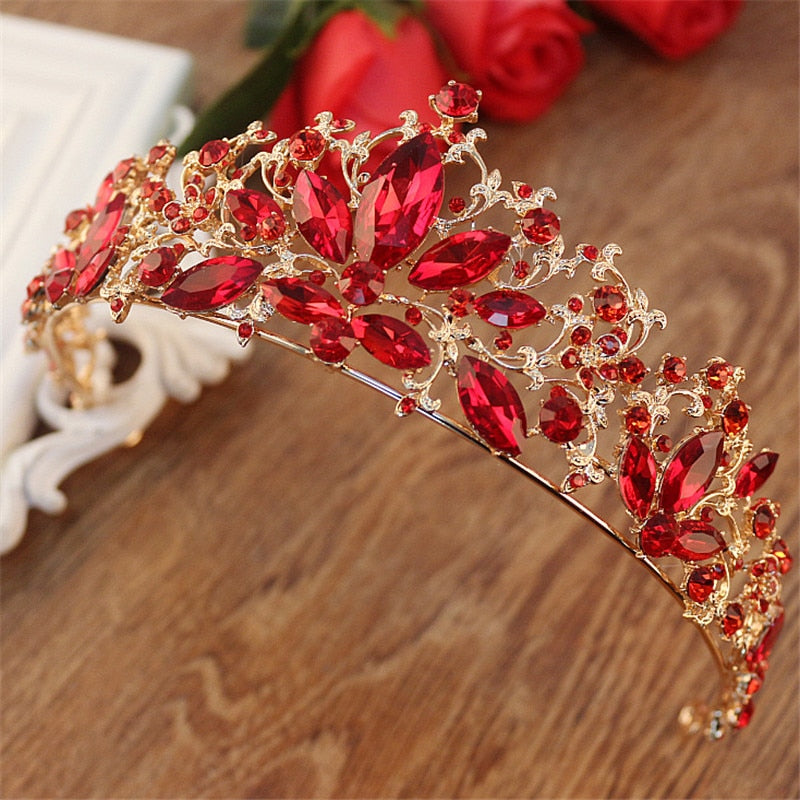 Baroque Gold Color Red Crystal  Hair Accessory Rhinestone Pageant Prom Crown - TulleLux Bridal Crowns &  Accessories 