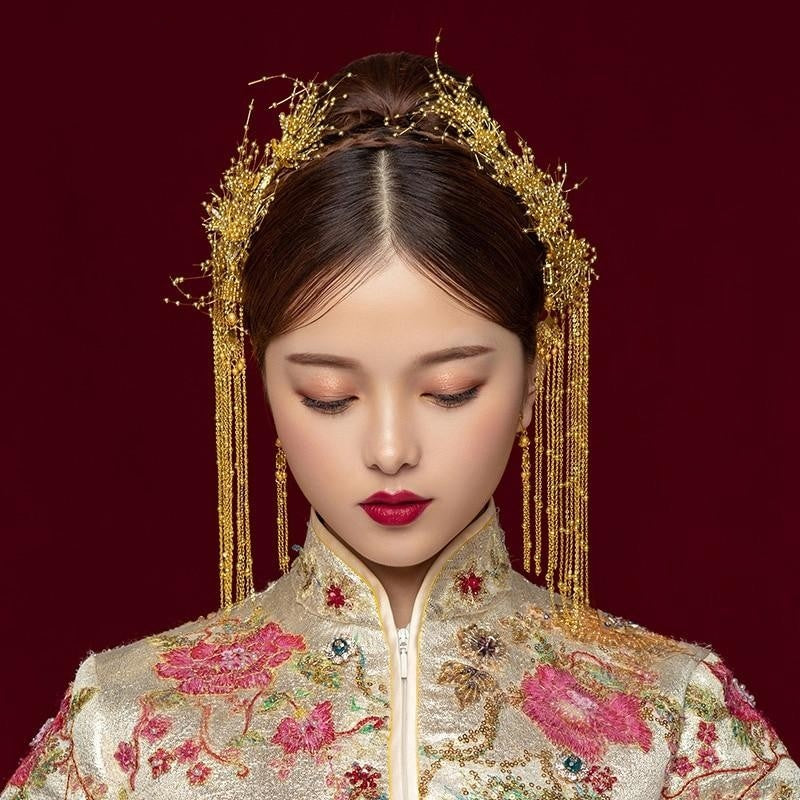 Traditional Chinese Bridal Headdress Costume Gold Beads Pearls Wedding Hair Accessories - TulleLux Bridal Crowns &  Accessories 