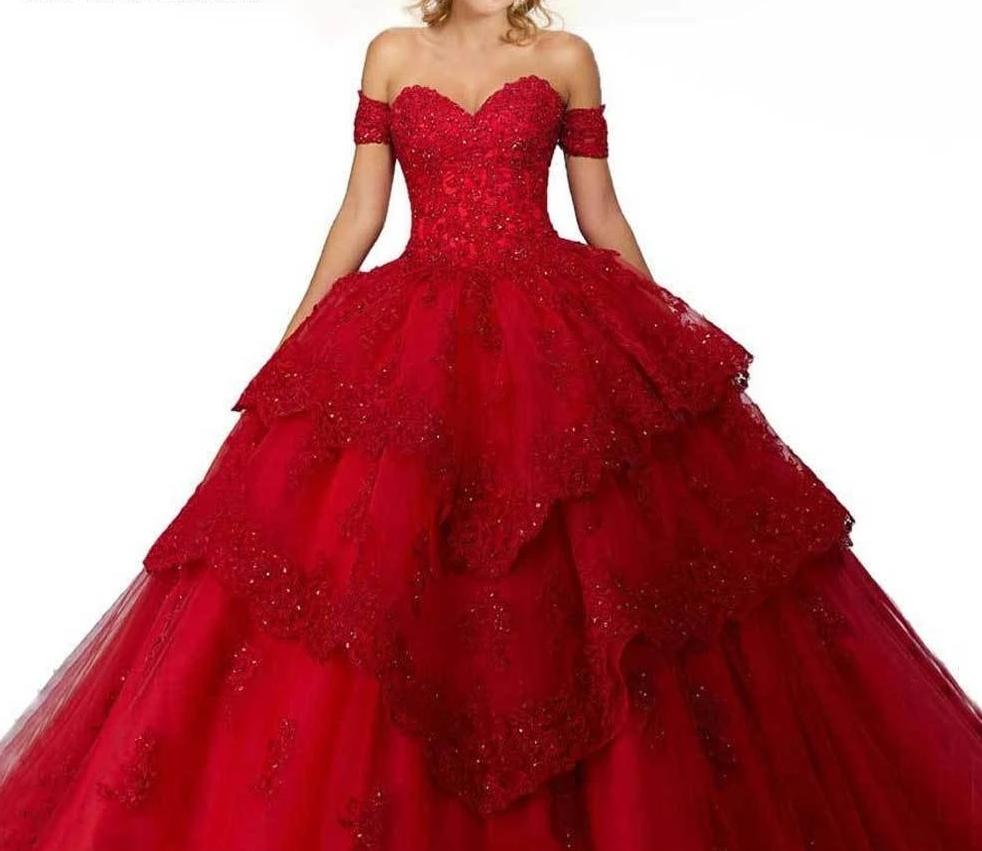 Red Quinceanera Sweet 16 Dresses in 9 Colors Detachable Sleeves Tiered Skirt Beading Lace Edge - TulleLux Bridal Crowns &  Accessories 