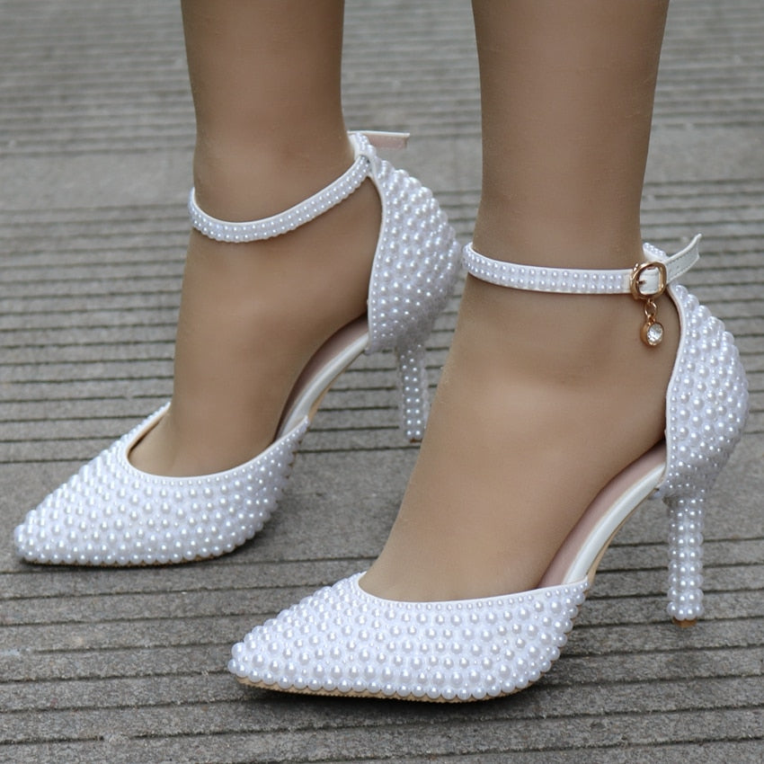 Pearl Wedding Shoes Block Heel Sandals Handmade White Leather High Heel  Bridal Shoes Satin Luxury Sandals For Women Buckle Strap - Women's Sandals  - AliExpress