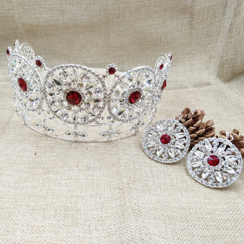 Large Noble Pageant Rhinestone Round Full Tiara Crown + Earrings - TulleLux Bridal Crowns &  Accessories 