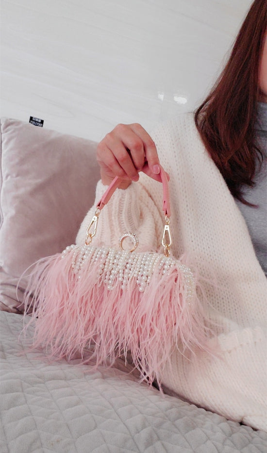 Ladies Pink Handbag Pearl Clutch Luxury Design Pink