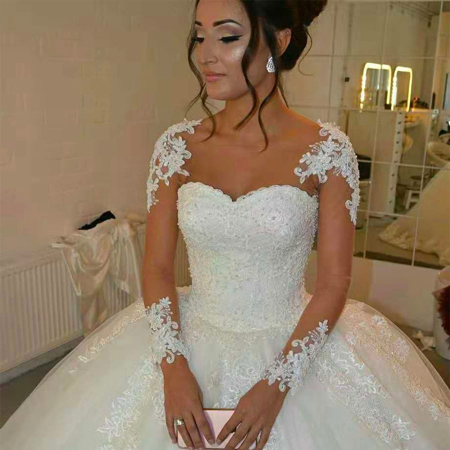 Long Sleeve  Lace Gown Wedding Dress Plus Size Bridal Ball Gown - TulleLux Bridal Crowns &  Accessories 