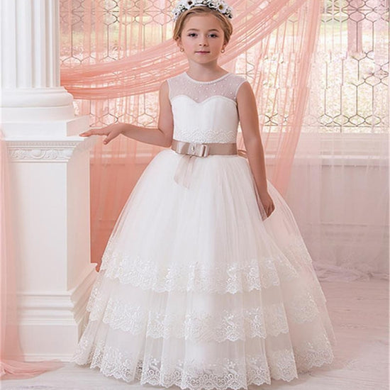 Sleeveless Ball Gown Lace Appliques Tulle Flower Girl Dress with Sash - TulleLux Bridal Crowns &  Accessories 