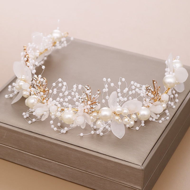 Gold Flower Pearl Headband Tiara Wedding Bridal Princess Headband Bridal Accessories - TulleLux Bridal Crowns &  Accessories 