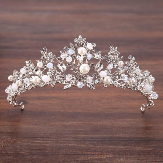 Load image into Gallery viewer, Crystal Pearl Flower Wedding Bridal Tiara Crown Hair Accessory - TulleLux Bridal Crowns &amp;amp;  Accessories 
