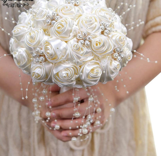 Load image into Gallery viewer, Ribbon Flower &amp;amp; Pearls Beaded Bridal Bouquet Bridesmaid Wedding Bouquets Multiple Colors - TulleLux Bridal Crowns &amp;amp;  Accessories 
