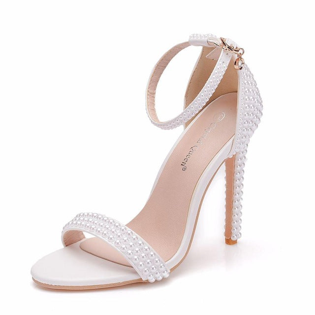 Women's Bridal Shoes Open Toe Mid Block Heel Lace Satin Ankle Strap Comfortable Wedding Dress Pump Sandals