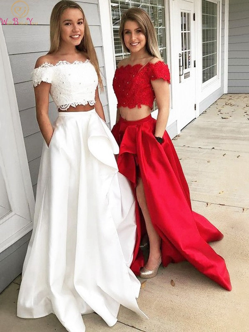 Load image into Gallery viewer, Two Pieces Off The Shoulder Prom Dress Gown Sexy Split Ruffles - TulleLux Bridal Crowns &amp;amp;  Accessories 
