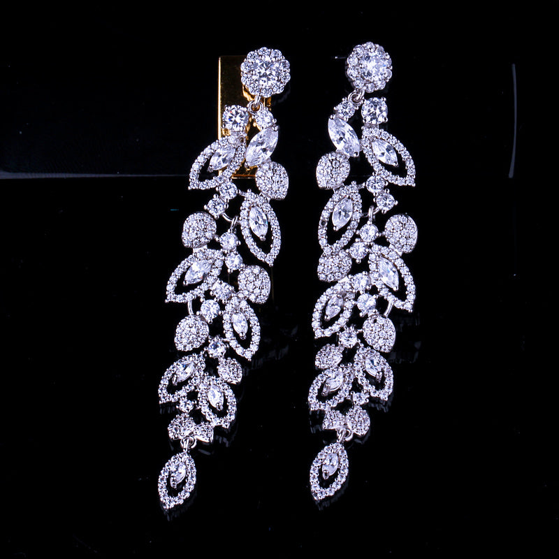 Cubic Zirconia Luxury  Bridal Jewelry Pave Long Dangle Wedding Earrings - TulleLux Bridal Crowns &  Accessories 