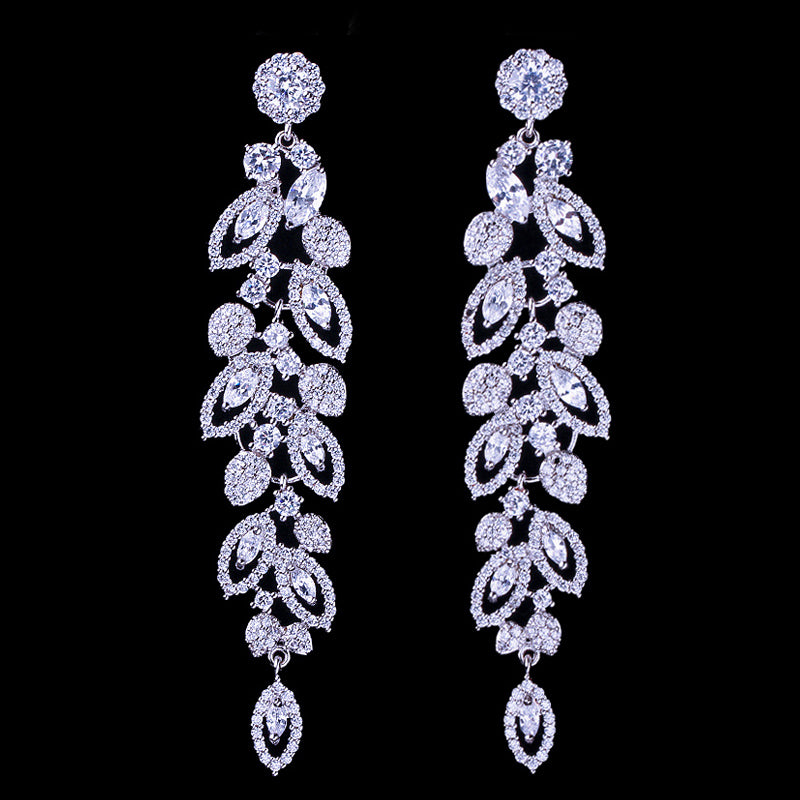 Cubic Zirconia Luxury  Bridal Jewelry Pave Long Dangle Wedding Earrings - TulleLux Bridal Crowns &  Accessories 