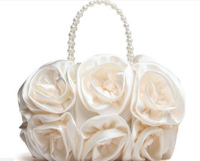 Load image into Gallery viewer, Rose Satin Evening Purse Beaded Handle Wedding Bridal Clutch - TulleLux Bridal Crowns &amp;amp;  Accessories 

