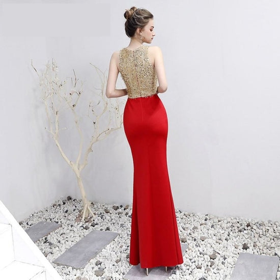 Load image into Gallery viewer, V-Neck  Floor-Length  Trumpet / Mermaid  Red Gold Prom Pageant Dress - TulleLux Bridal Crowns &amp;amp;  Accessories 
