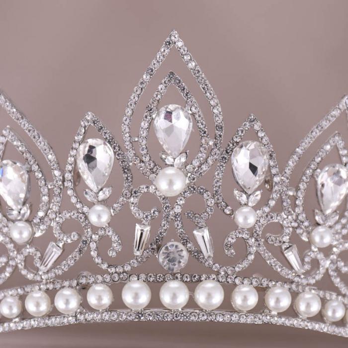 Baroque  Crystal Crown Princess Birthday Party Imitation Pearl Tiaras Bridal Wedding Accessory - TulleLux Bridal Crowns &  Accessories 