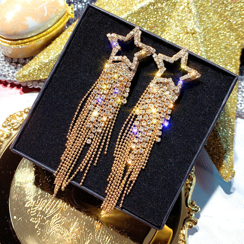 Fashion Long Tassel Crystal Earrings Shiny Gold Color Star Dangle Earrings
