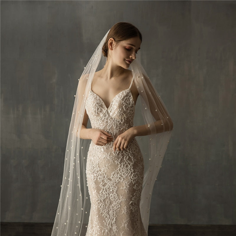 Bridal Veil One Layer Cathedral Veil With Pearls - TulleLux Bridal Crowns &  Accessories 