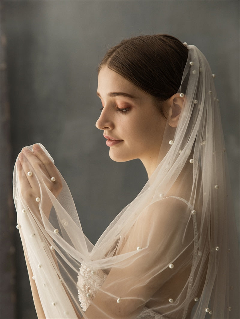 One Blushing Bride Pearl Cathedral Length Wedding Veil with Scattered Beading White / 1 Layer Veil