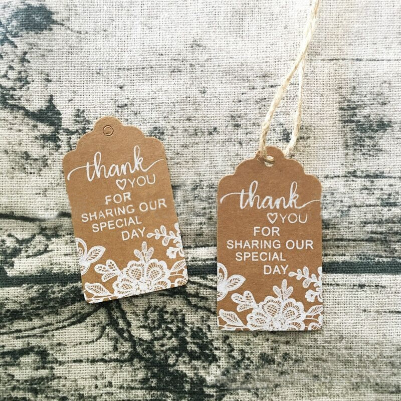 Load image into Gallery viewer, 50 Pcs Thank You Gift Tags Rustic Lace Print Kraft Paper Tags Wedding Favor - TulleLux Bridal Crowns &amp;amp;  Accessories 
