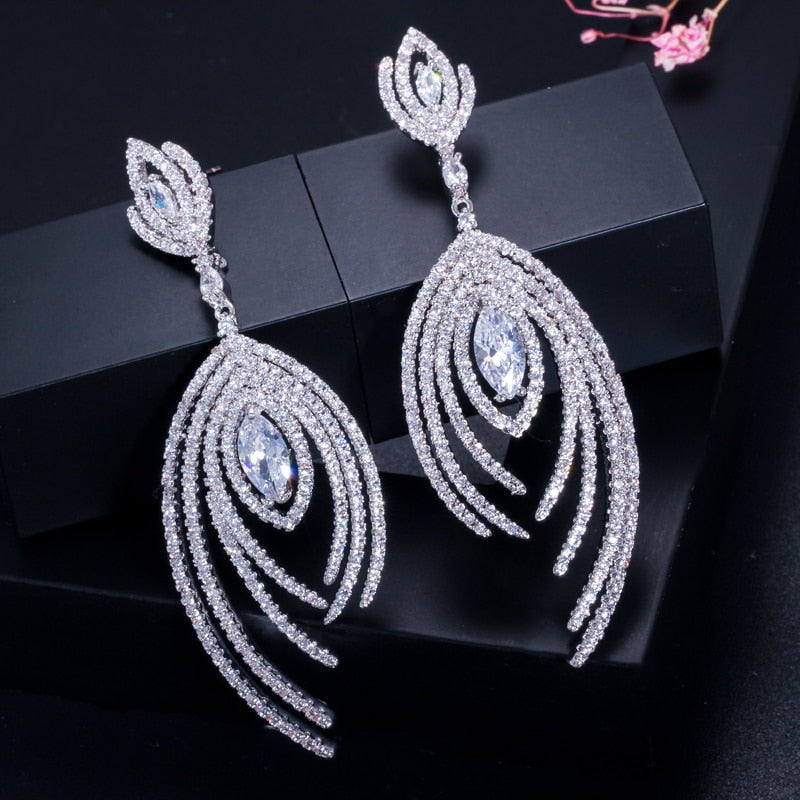 
                      
                        Dangle Drop Micro Pave Cubic Zirconia Long Luxury  Earrings - TulleLux Bridal Crowns &  Accessories 
                      
                    