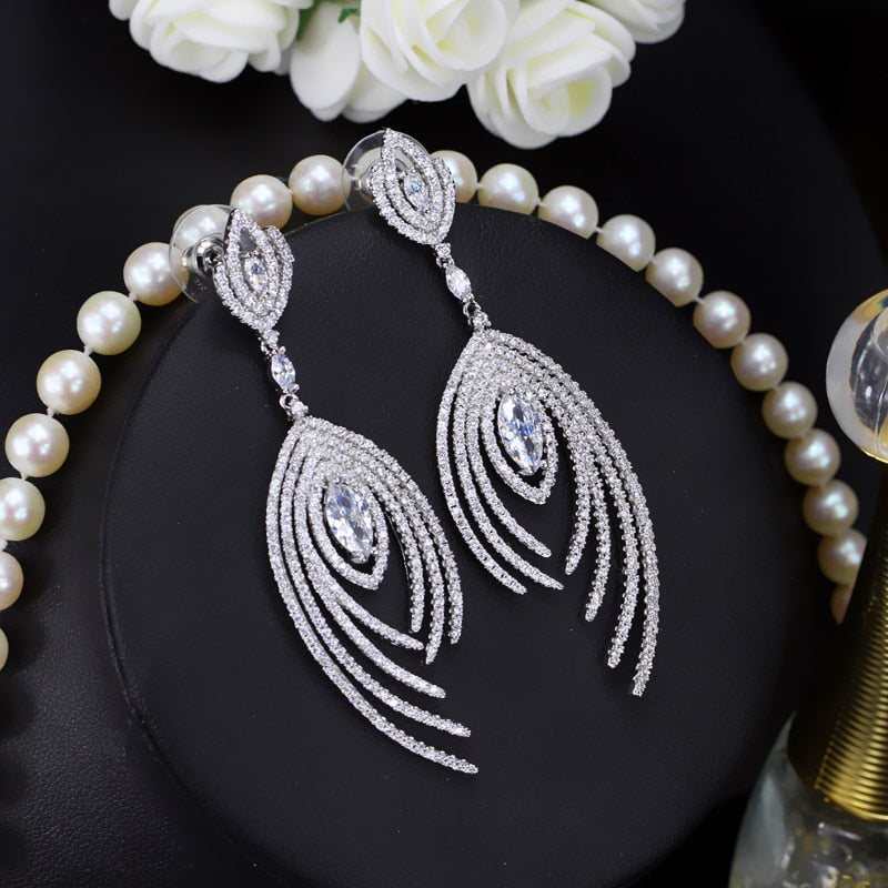 
                      
                        Dangle Drop Micro Pave Cubic Zirconia Long Luxury  Earrings - TulleLux Bridal Crowns &  Accessories 
                      
                    