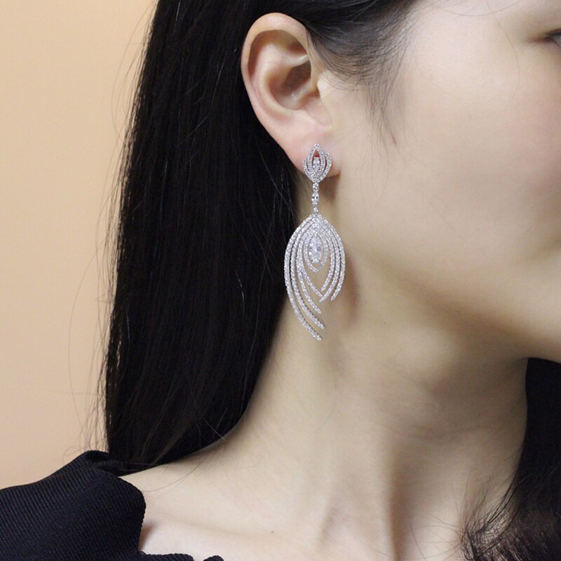 
                      
                        Dangle Drop Micro Pave Cubic Zirconia Long Luxury  Earrings - TulleLux Bridal Crowns &  Accessories 
                      
                    