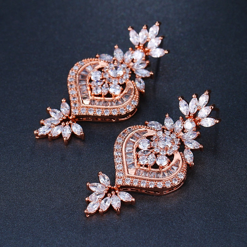 Rose Gold  Big Flower Pendant Drop Earrings With Shining CZ - TulleLux Bridal Crowns &  Accessories 