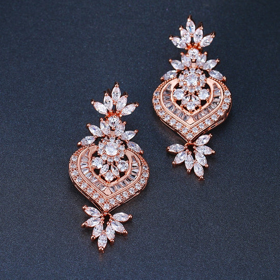 Rose Gold  Big Flower Pendant Drop Earrings With Shining CZ - TulleLux Bridal Crowns &  Accessories 