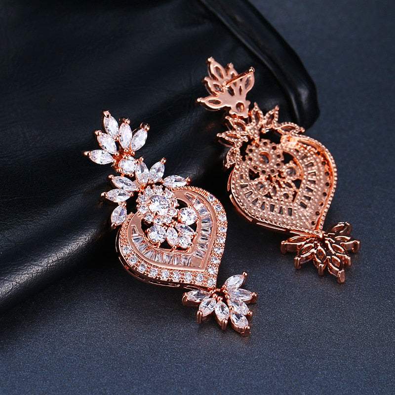 Rose Gold  Big Flower Pendant Drop Earrings With Shining CZ - TulleLux Bridal Crowns &  Accessories 