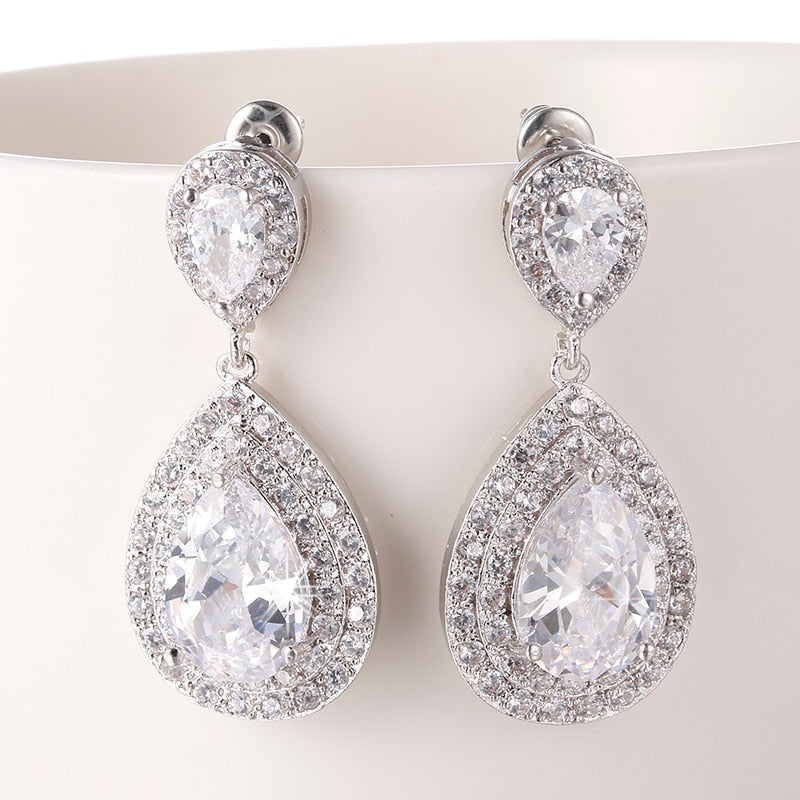 Cubic Zirconia Bridal Earrings Long Dangle Wedding Jewelry Accessory, long water drop pattern cubic zirconia bridal earrings in gold, rose gold and silver, 