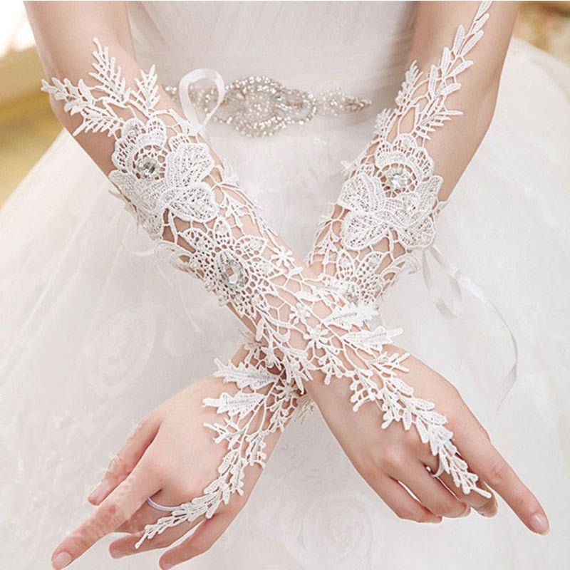Elegant White Lace Crystal Bridal Wedding Gloves - TulleLux Bridal Crowns &  Accessories 