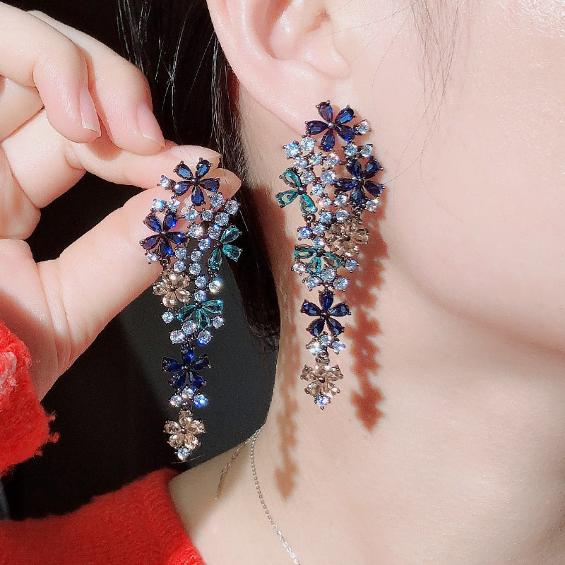 
                      
                        Long Drop Flower Multi Color Blue Cubic Zirconia Fashion Statement Earrings - TulleLux Bridal Crowns &  Accessories 
                      
                    