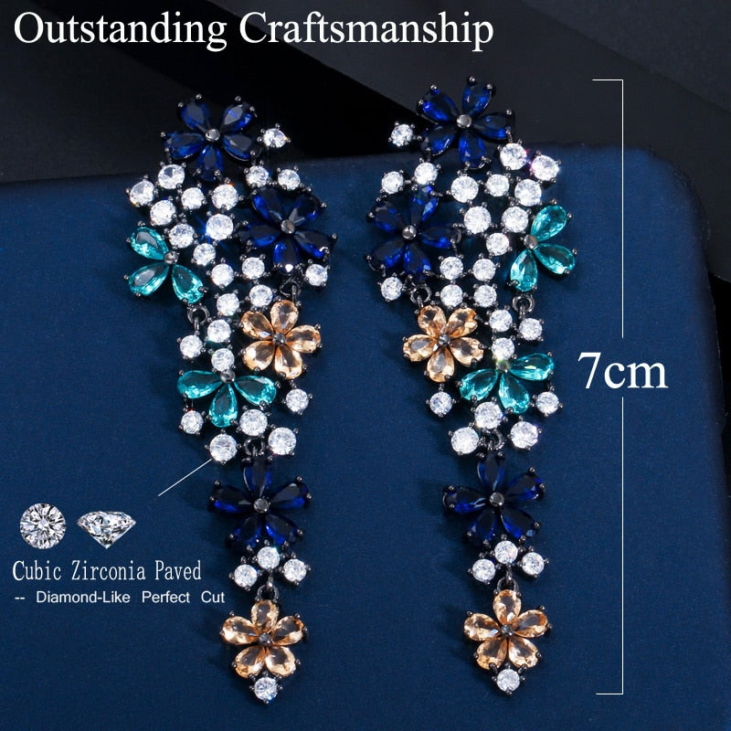 
                      
                        Long Drop Flower Multi Color Blue Cubic Zirconia Fashion Statement Earrings - TulleLux Bridal Crowns &  Accessories 
                      
                    