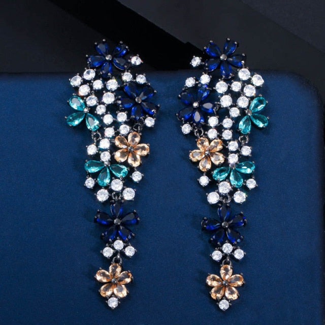 Long Drop Flower Multi Color Blue Cubic Zirconia Fashion Statement Earrings - TulleLux Bridal Crowns &  Accessories 