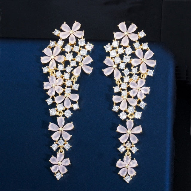 
                      
                        Long Drop Flower Multi Color Blue Cubic Zirconia Fashion Statement Earrings - TulleLux Bridal Crowns &  Accessories 
                      
                    