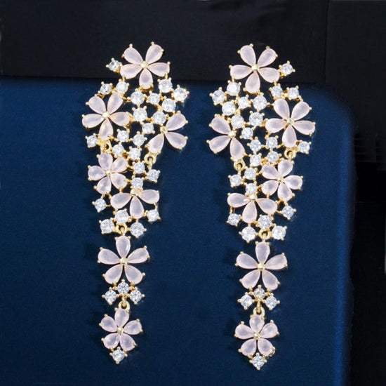 Long Drop Flower Multi Color Blue Cubic Zirconia Fashion Statement Earrings - TulleLux Bridal Crowns &  Accessories 