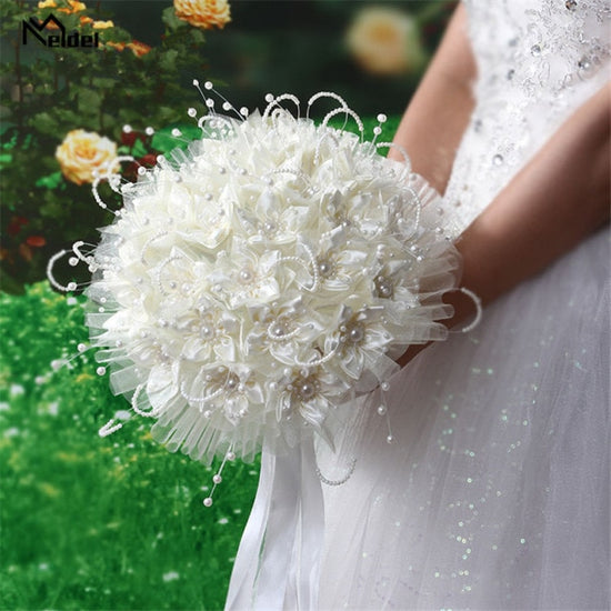 Load image into Gallery viewer, Ribbon Pearl Wedding Bridal Artificial Flowers Wedding Bouquet - TulleLux Bridal Crowns &amp;amp;  Accessories 
