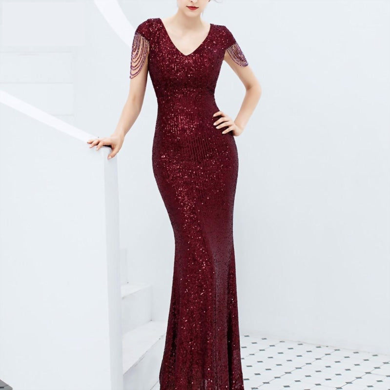Luxury Sequined Evening Dress V Neck Short Sleeve Mermaid Party Gown