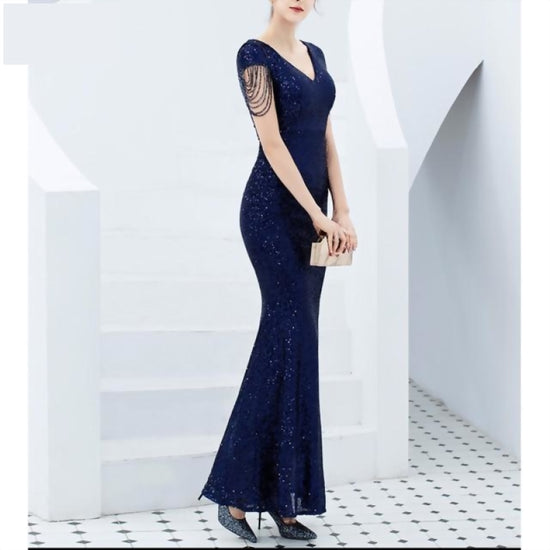 Luxury Sequined Evening Dress V Neck Short Sleeve Mermaid Party Gown
