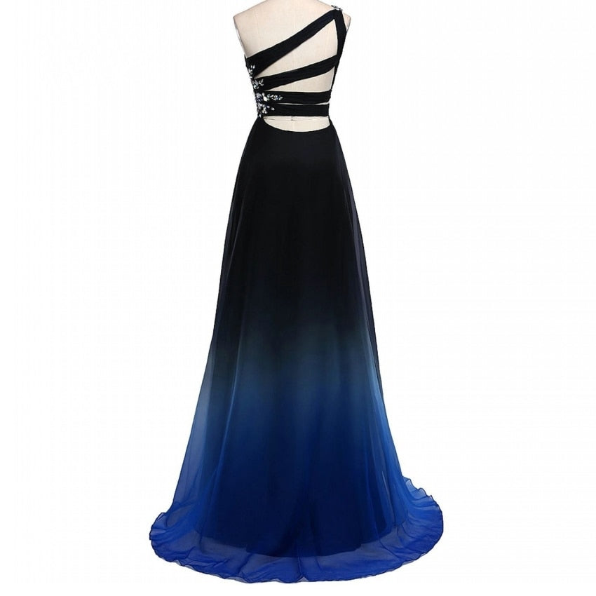 Load image into Gallery viewer, Sexy Criss-Cross Back One Shoulder Chiffon Long Prom Dresses in Red, Black, Blue, Multi - TulleLux Bridal Crowns &amp;amp;  Accessories 
