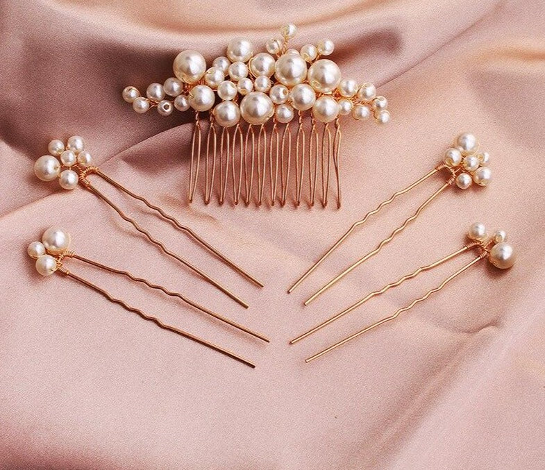 Handmade 5 Piece Set Pearls Wedding Hair Comb Bridal Hair Pins  Hair Jewelry Accessories - TulleLux Bridal Crowns &  Accessories 