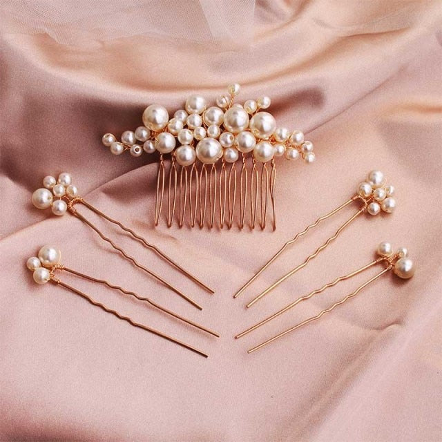 Handmade 5 Piece Set Pearls Wedding Hair Comb Bridal Hair Pins  Hair Jewelry Accessories - TulleLux Bridal Crowns &  Accessories 