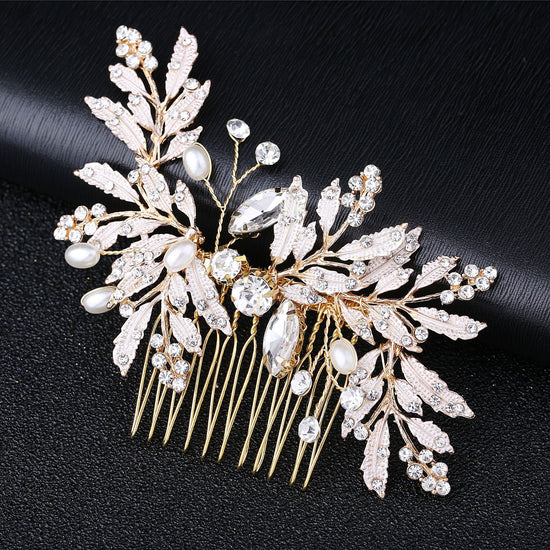 Load image into Gallery viewer, Gold Crystal Pearl Leaf Wedding Bridal Hair Comb - TulleLux Bridal Crowns &amp;amp;  Accessories 

