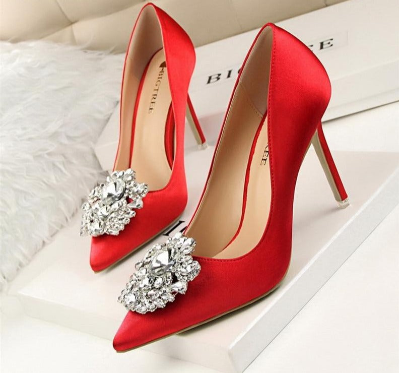 Load image into Gallery viewer, Faux Silk Satin Stiletto Rhinestone Crystal Ladies High Heel Pumps - TulleLux Bridal Crowns &amp;amp;  Accessories 
