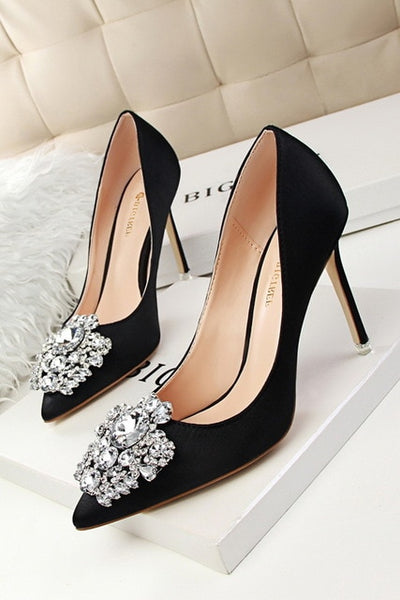 Faux Silk Satin Stiletto Rhinestone Crystal Ladies High Heel Pumps ...