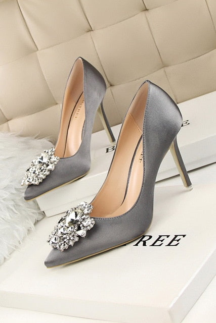 Load image into Gallery viewer, Faux Silk Satin Stiletto Rhinestone Crystal Ladies High Heel Pumps - TulleLux Bridal Crowns &amp;amp;  Accessories 

