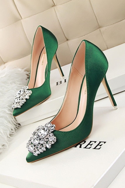 Faux Silk Satin Stiletto Rhinestone Crystal Ladies High Heel Pumps - TulleLux Bridal Crowns &  Accessories 