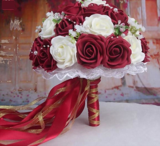 red and white rose bridesmaid bouquet